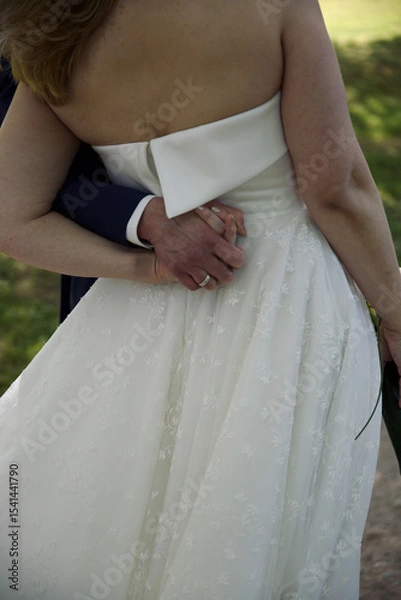 Obraz Back view of a bride holding hands with the groom