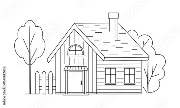 Fototapeta Vector Line Art of a Wooden Village House with Trees and Fence