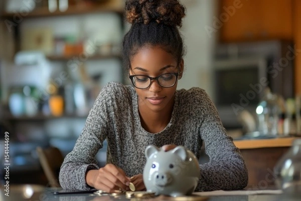 Fototapeta Young woman saving money by putting coins into a piggy bank on the table as part of her personal finance management., Generative AI