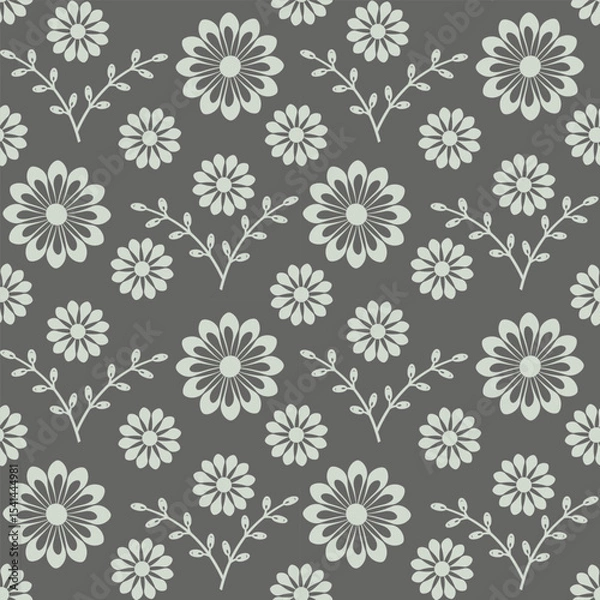 Fototapeta Seamless Floral Pattern of Decorative Daisies and Twigs on Dark Background