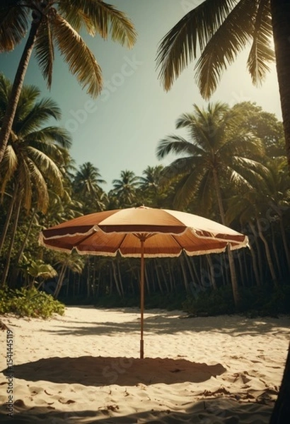 Fototapeta Tropical Beach Umbrella Framed by Palm Trees Under Warm Sunset Light