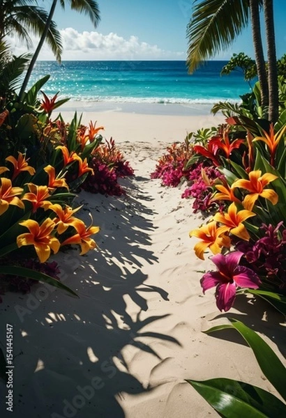 Fototapeta Floral Framed Sandy Path Leading to Ocean with Hibiscus and Lily Blooms