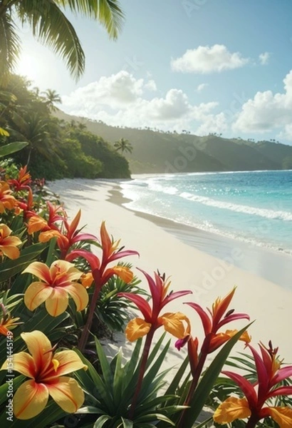 Fototapeta Heliconia Flowers and Palm Trees Framing Tropical Beach with Curving Shoreline