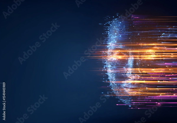 Fototapeta Abstract human face represented by glowing data lines and light trails. Artificial intelligence and big data concept for technological innovation.