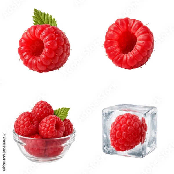 Fototapeta Fresh raspberries in bowl and ice cube on white background, isolated set  
