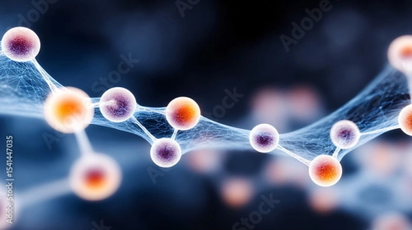 Fototapeta Microscopic view of molecules connected by fine lines. Science and healthcare concept background. Futuristic neuron cell or atom structure.
