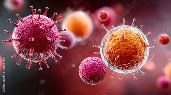 Fototapeta Abstract microscopic virus cells floating in fluid. Global pandemic and infectious disease outbreak. Medical science and health care concept.
