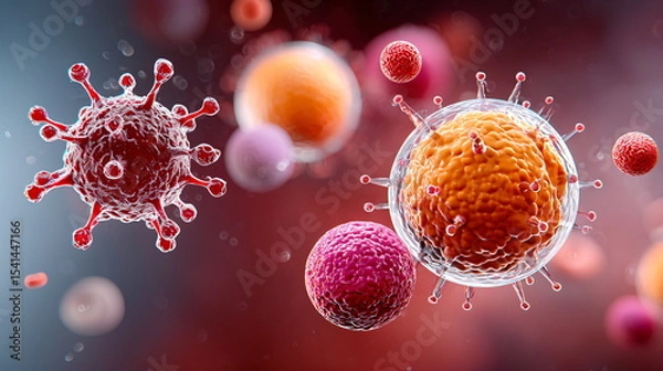 Fototapeta Abstract microscopic virus cells floating in fluid. Global pandemic and infectious disease outbreak. Medical science and health care concept.