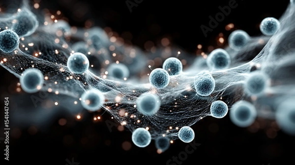 Fototapeta Microscopic view of cell connected by net of neurons. Science and medical research in neuroscience and human biology.