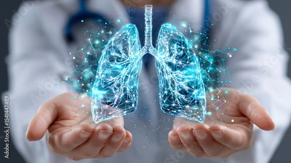 Fototapeta Doctor holds glowing digital human lungs with plexus structure in hands. Lung health, respiratory system and medical diagnosis concept.