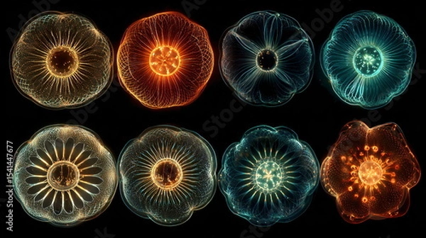 Fototapeta Group of abstract bioluminescent marine organisms with glowing light. Aquatic microorganism representing alien life. Scientific research into microbiology.