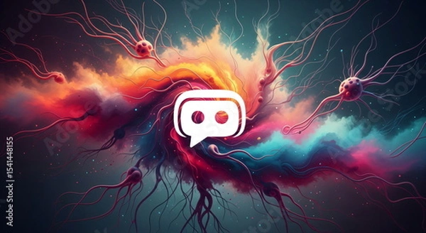 Fototapeta Abstract neural network illustration with a chat bubble icon in the center, representing artificial intelligence and communication technology concept.