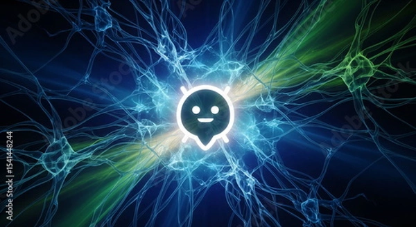 Fototapeta Artificial intelligence bot face with abstract neuron connection background. Futuristic machine learning network concept for technology.