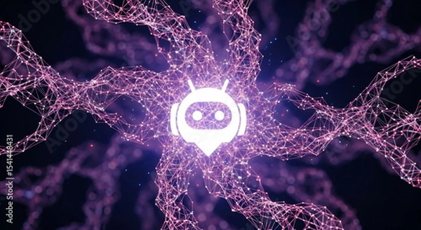 Fototapeta Abstract brain neuron cells with a cheerful cartoon bubble icon in the center. Concept of artificial intelligence and innovation.