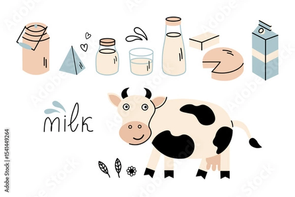 Obraz Milk and milky items doodle. Vector set with dairy product, cow, cottage cheese, glass with drink, bag, butter, can, leave and paper bottles. Design for label, logo, sign, wrapping, icon. Food drinks
