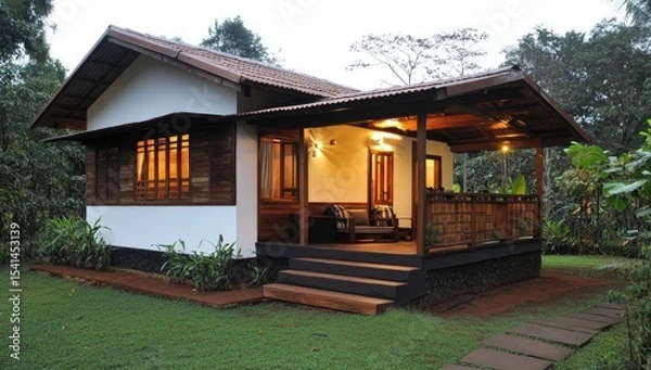 Fototapeta A small, cozy, wooden cottage nestled in a tropical garden at dusk.  Wooden siding, a covered porch, and  windows with warm interior light