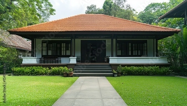 Fototapeta Front view of a traditional house with terracotta roof, dark-toned trims, and a paved walkway. Lush green lawn surrounds the property