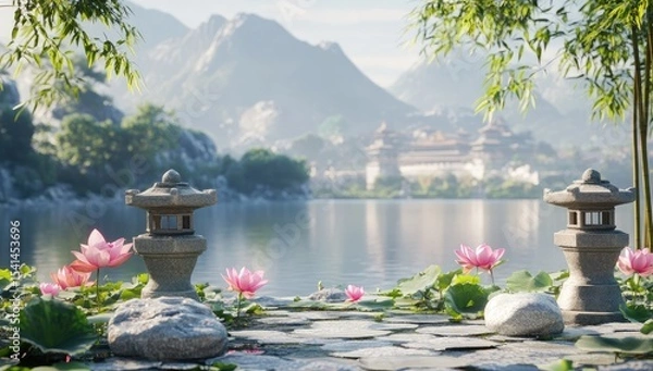 Obraz Serene lake scene with Asian-style architecture.  Peaceful morning light bathes a stone-paved walkway along a tranquil lake. 