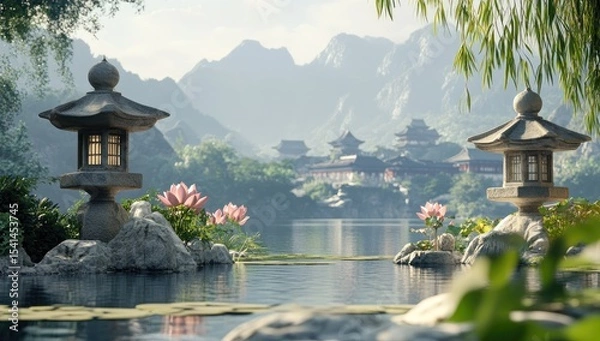 Fototapeta Serene Asian garden scene by a lake. Lush vegetation, stone lanterns, and tranquil water reflect mountains and temples