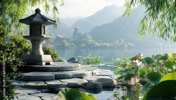 Obraz Tranquil Asian landscape with stone lantern