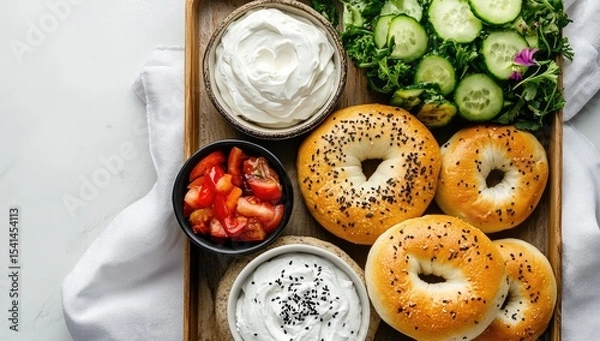 Fototapeta Wooden tray holds bagels, dips, and salad.  Fresh ingredients for a healthy breakfast or snack