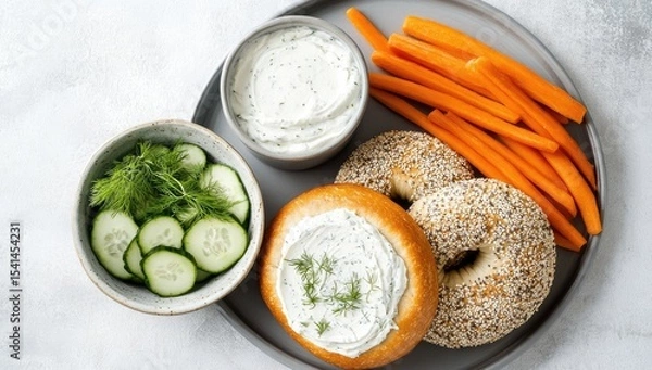 Fototapeta Bagel, cream cheese, cucumber, and carrot snacks