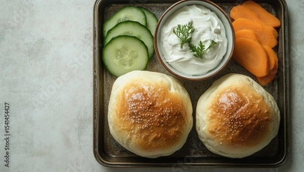 Obraz Small metal tray with two round buns, cucumber slices, carrot sticks, and a small bowl of creamy dip
