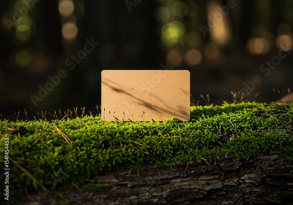 Fototapeta Eco-friendly business card on green moss in forest setting