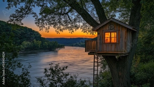 Obraz Rustic treehouse at sunset over river