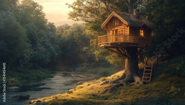 Fototapeta A wooden treehouse nestled in a misty forest beside a river at sunrise.  Tranquil, idyllic scene.  Warm light filters through trees