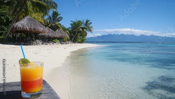 Fototapeta Tropical drink on a beach.  A colorful layered cocktail sits on a wooden table, overlooking a pristine beach and turquoise water.  Palm trees and thatched-roof huts line the shore.