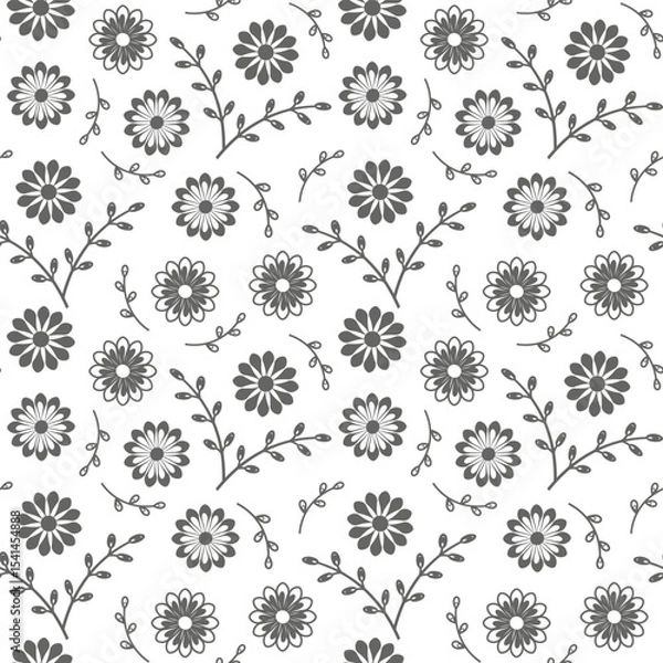 Fototapeta Seamless Floral Pattern with Daisies and Branches on White Background