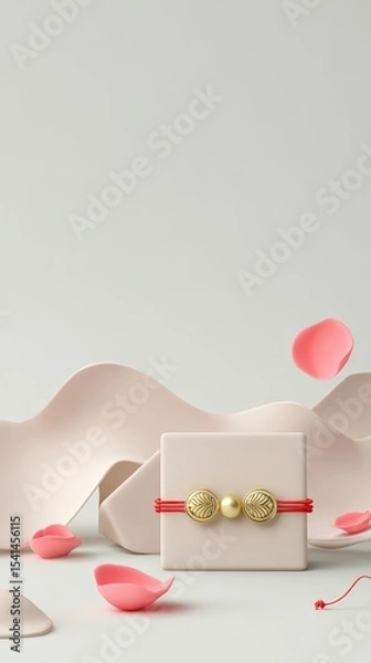 Fototapeta Elegant minimalist jewelry display with red thread and pink petals on cream background