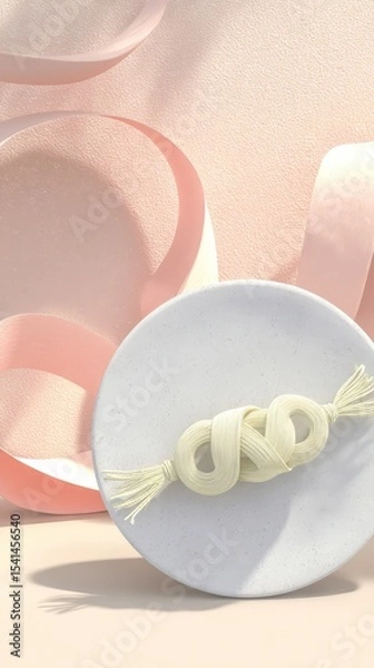 Fototapeta Abstract white plate with knotted pasta and curved pink ribbons in artistic display