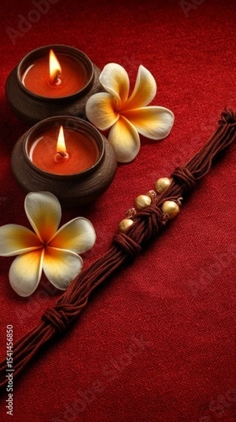 Fototapeta Tranquil candlelit setting with frangipani flowers on red fabric background
