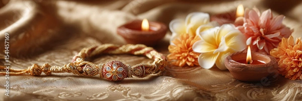 Fototapeta Intricate rakhi and floral arrangement with lit diyas on elegant fabric