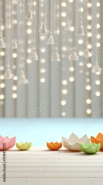 Fototapeta Hanging bells and colorful lotus decor on wooden surface with soft lights
