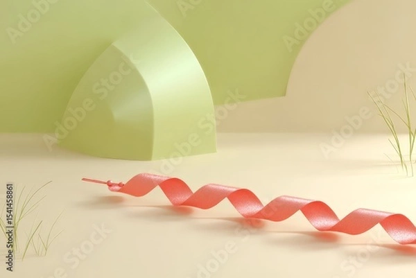 Fototapeta Abstract pastel composition with wavy coral element and soft green arch