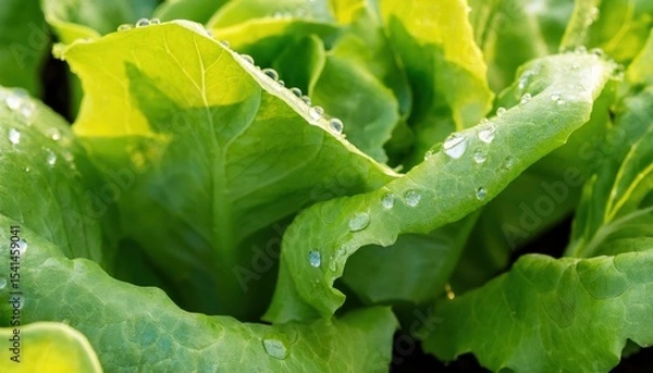 Obraz Droplets of water on fresh green lettuce leaves in a vibrant garden setting