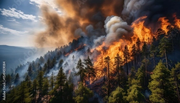 Obraz Fire engulfing dense forest under a darkening sky, creating a dramatic and hazardous atmosphere