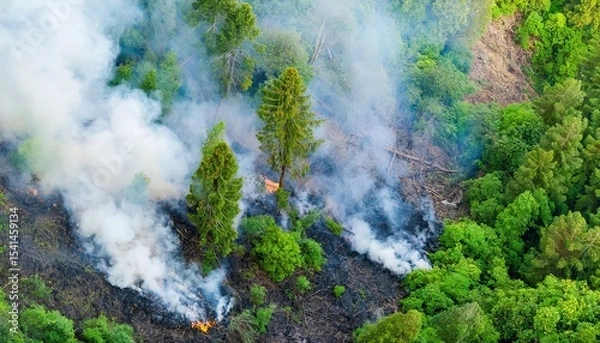 Obraz Firefly transforms wild forest greens into ash and smoke in a recent wildfire event