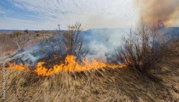 Obraz Fire burns through dry grassland, consuming vegetation and altering the landscape