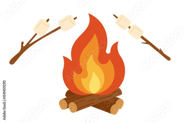 Fototapeta Campfire with marshmallows on sticks. Cozy camping scene with burning bonfire made of wooden logs and two sticks roasting marshmallows over the flames. Flat vector design in warm, natural colors.
