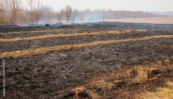 Obraz Fire damage in field and meadow with lingering smoke from recent burning activity in agricultural area