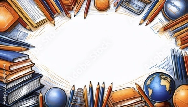 Obraz Creative workspace featuring school supplies and educational materials on a bright background