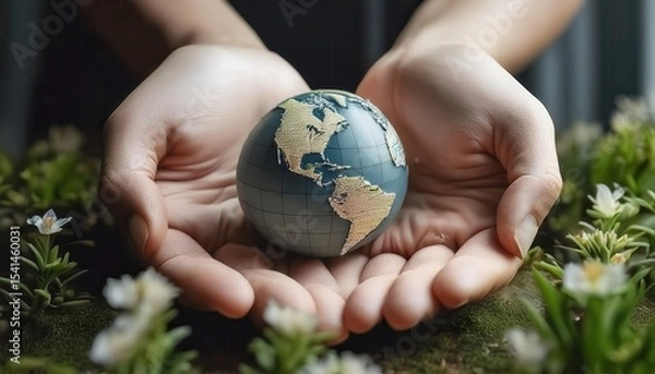 Obraz Hands of a firefly gently cradling a globe amid vibrant plants and delicate flowers