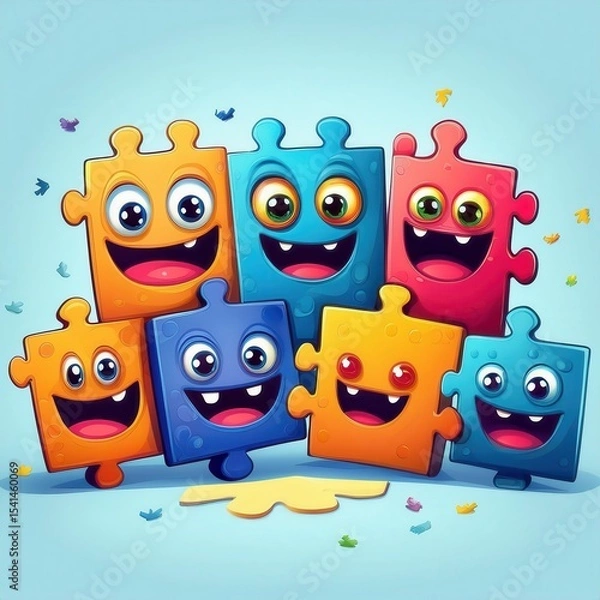 Obraz Puzzle piece monsters celebrate teamwork with bright colors and playful expressions in a cheerful cartoon setting