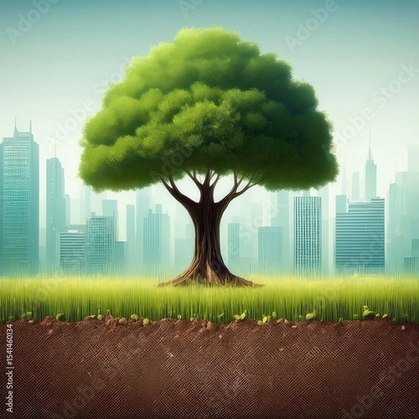 Obraz Large tree stands tall among city skyline with green grass in foreground during daylight hours