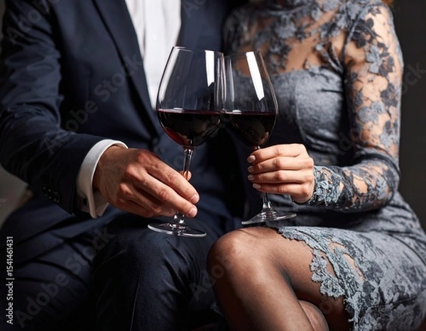 Fototapeta beautiful woman and handsome man cheering with a glass of wine AI generated