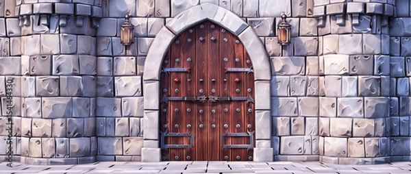 Obraz Cartoon 3D castle wall with wooden doors, white background, game backdrop style.